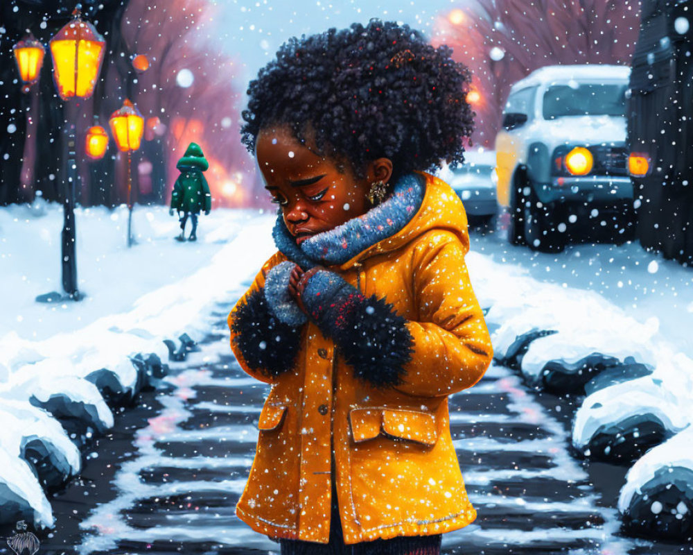 Young child in yellow coat and blue scarf crying on snowy street with street lamps, figure, and vehicle