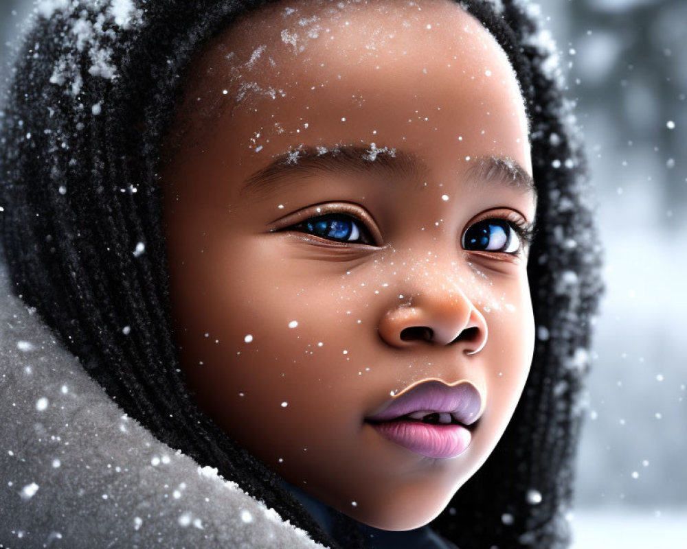 Young child with snowflakes on hair and face in close-up portrait