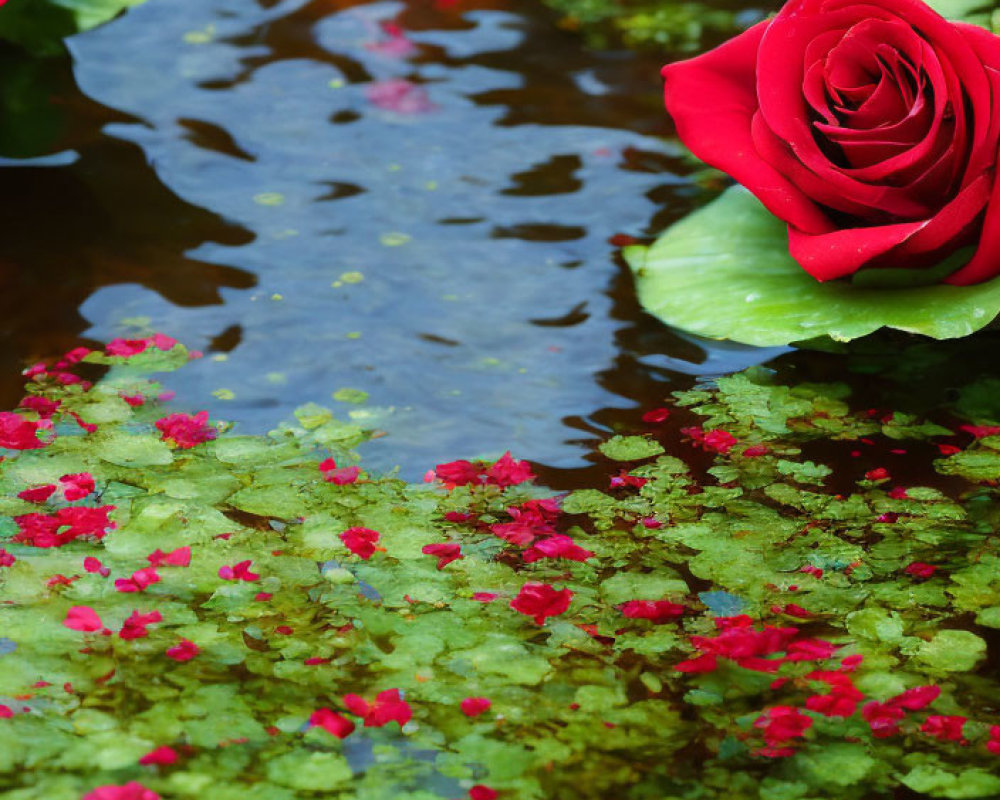 Red Roses Floating on Pond with Green Leaves and Aquatic Plants