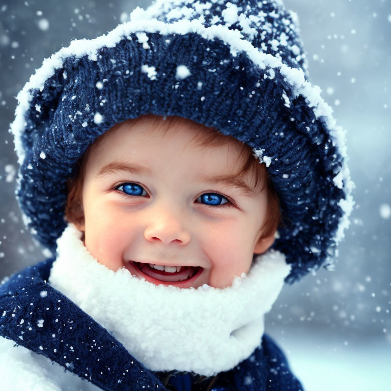Blue-eyed toddler in snow-dusted winter attire enjoying snowfall