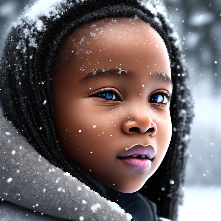 Young child with snowflakes on hair and face in close-up portrait