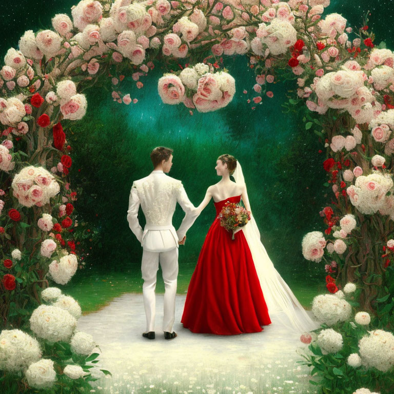 Wedding couple under lush rose arch in white and red attire