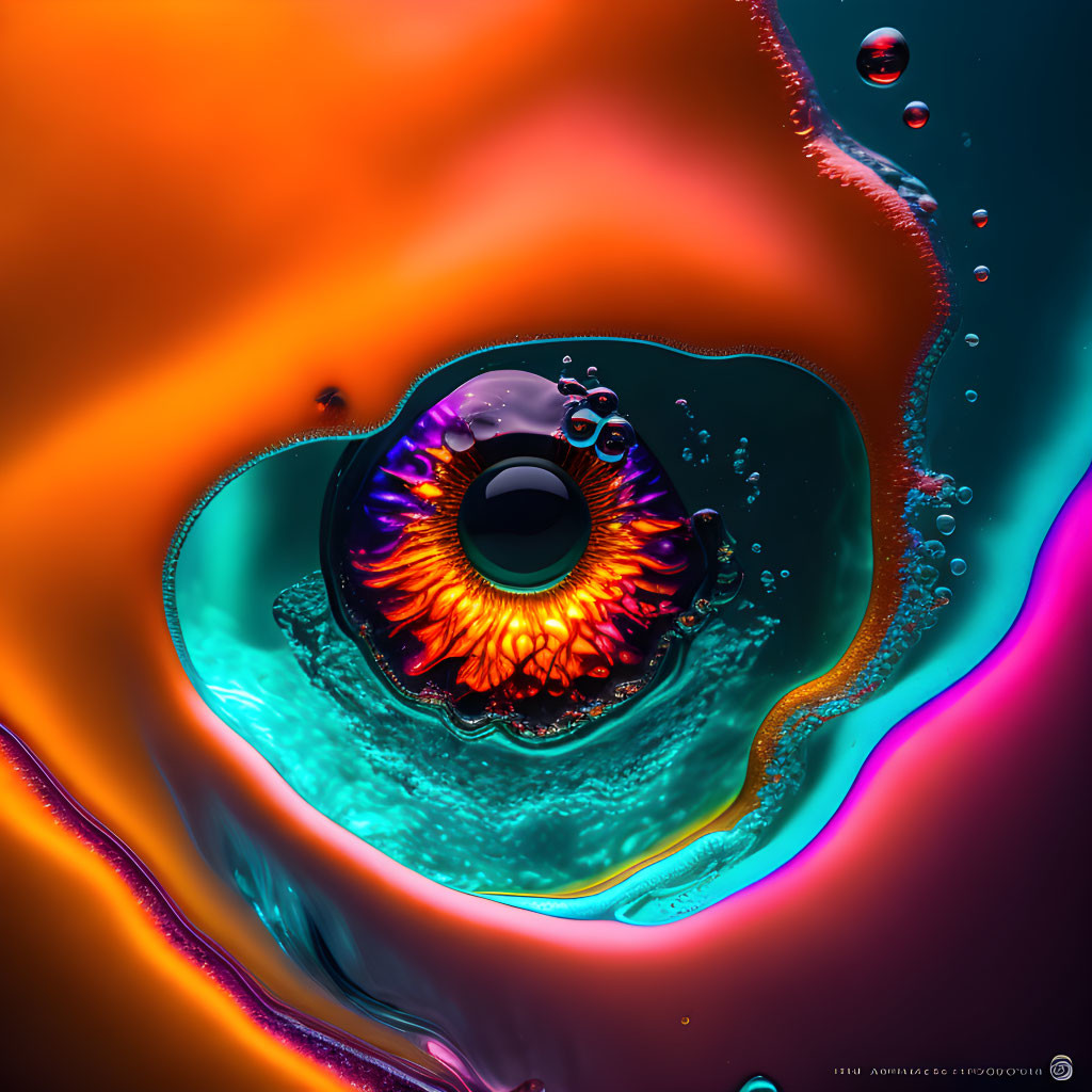 Colorful Macro Photograph: Liquid Drop with Swirling Orange to Purple Colors