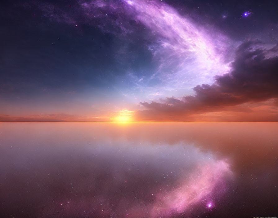 Tranquil sunset over water with purple nebulae sky