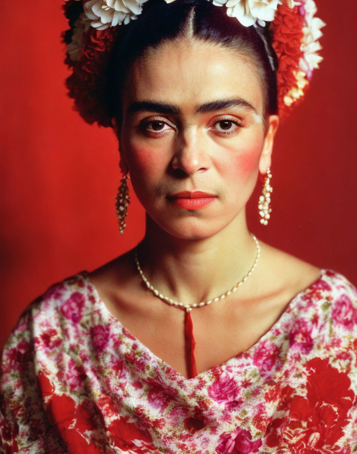 Woman in floral headpiece and patterned garment on red background.