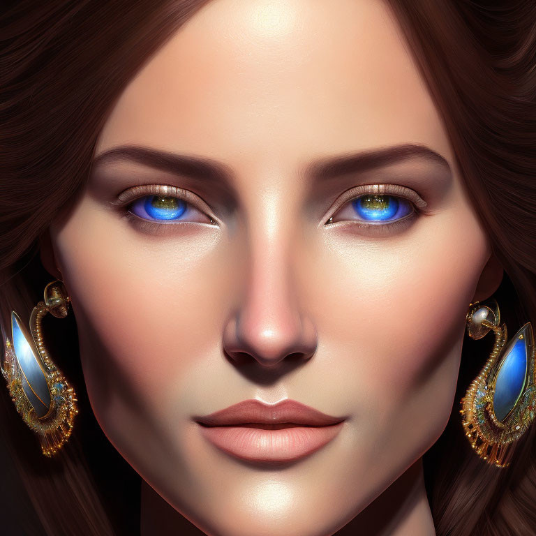 Detailed digital portrait of woman with vibrant blue eyes and golden earrings