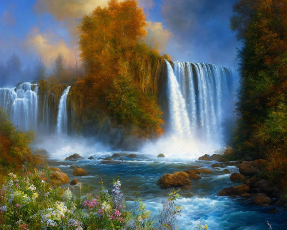 Autumn waterfall with cascades, trees, and wildflowers in scenic landscape