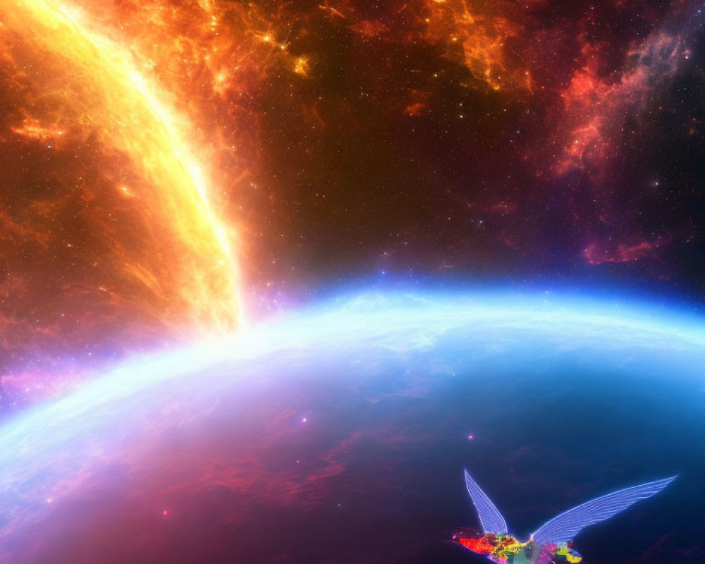 Colorful Nebula and Earth Horizon in Vibrant Space Scene