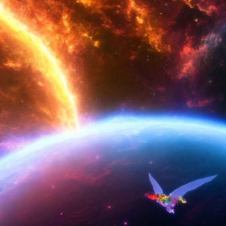 Colorful Nebula and Earth Horizon in Vibrant Space Scene