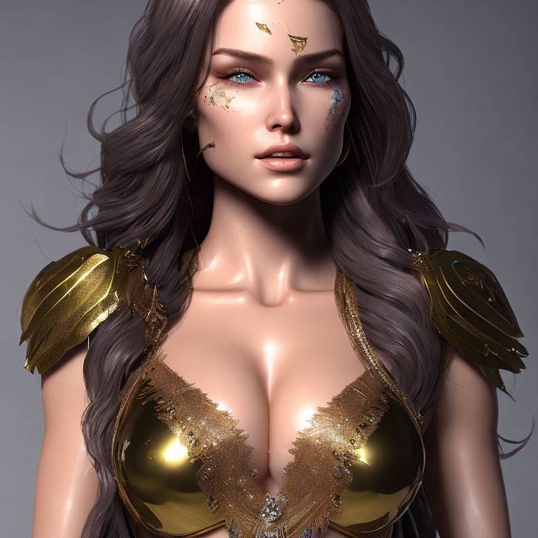 Digital artwork of a woman with long curly hair, blue eyes, and gold facial details in golden armor