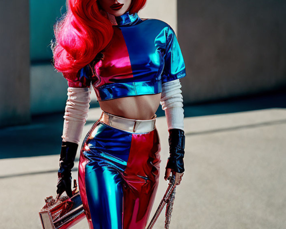 Vibrant blue and red costume with ombre hair and translucent red bag pose in sunlit