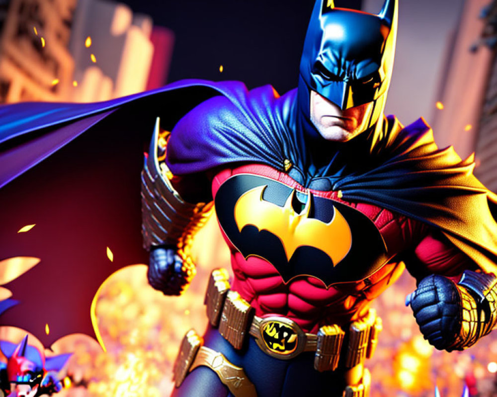 Dynamic Batman Image in Full Costume Mid-Action with Nocturnal Gotham City Background