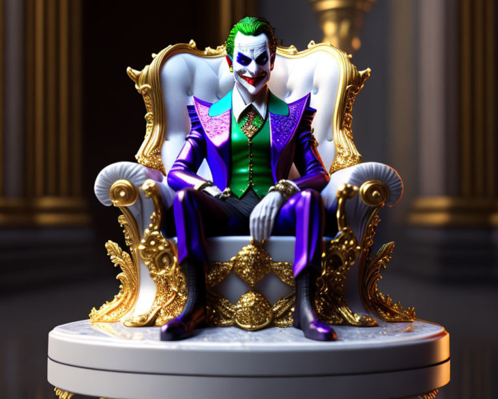 Stylized Joker character on golden throne in purple and green outfit