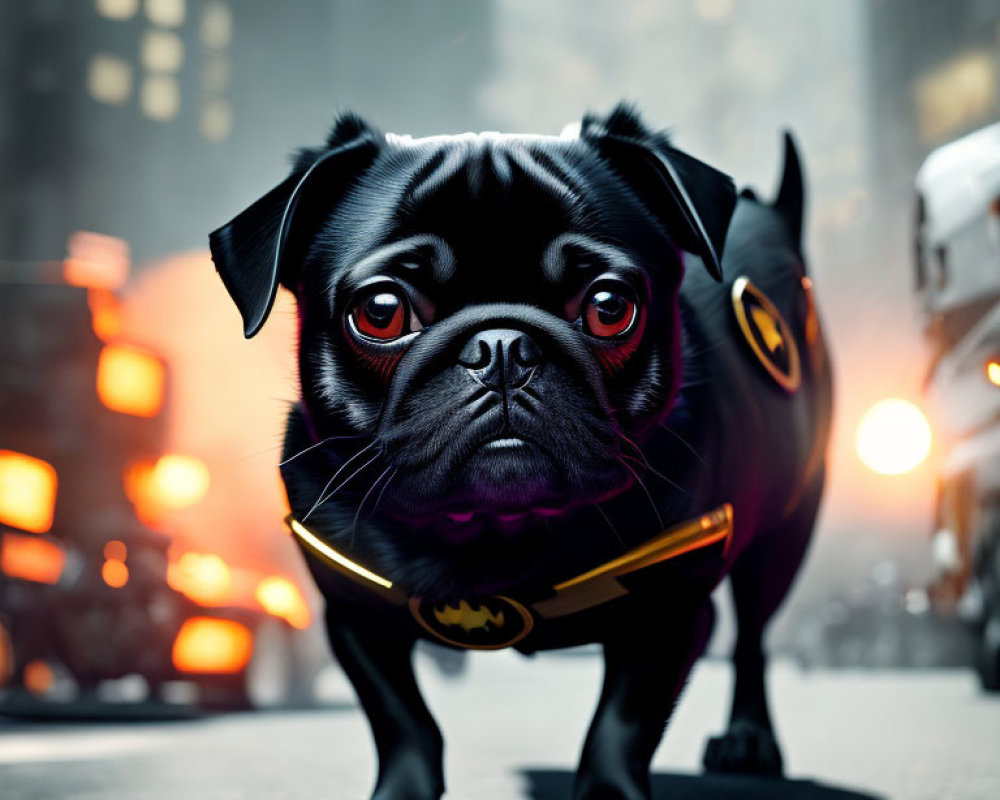 Black pug with Batman collar in urban street scene