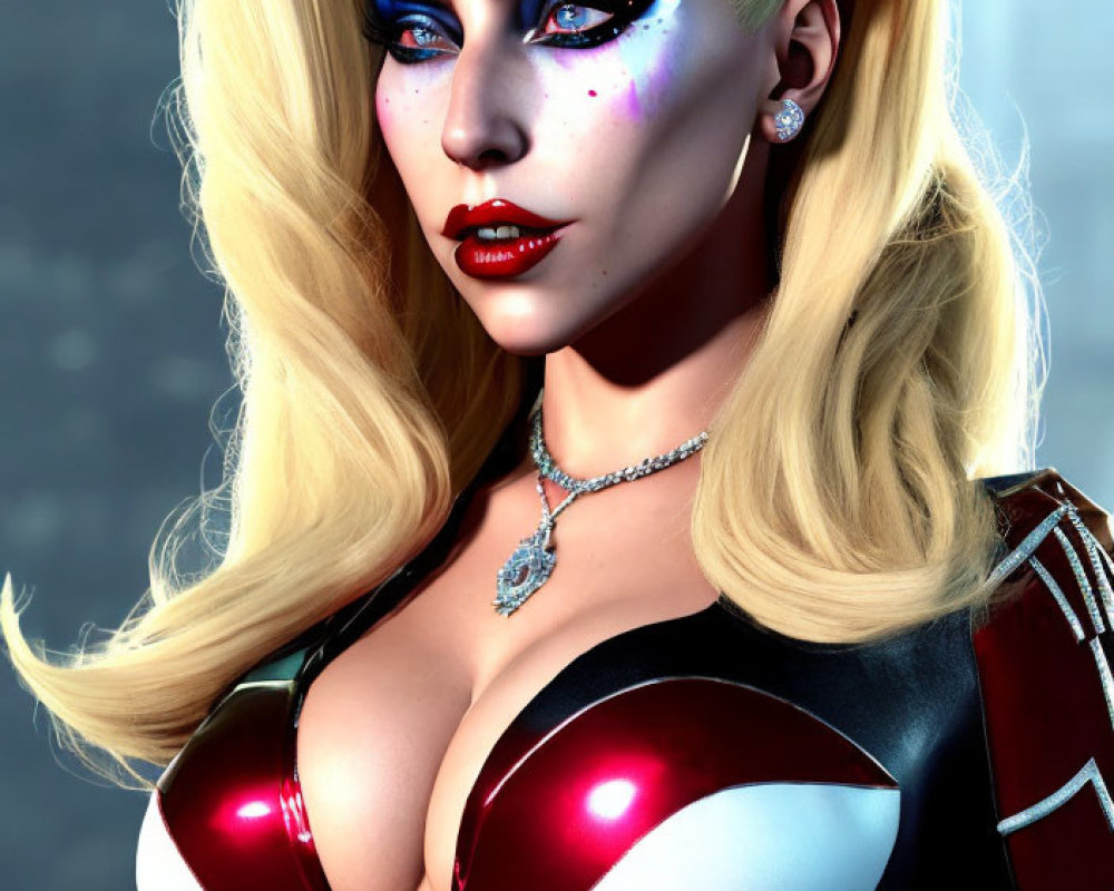 Digital artwork featuring female character with blue eyes, harlequin makeup, blonde hair with red and black