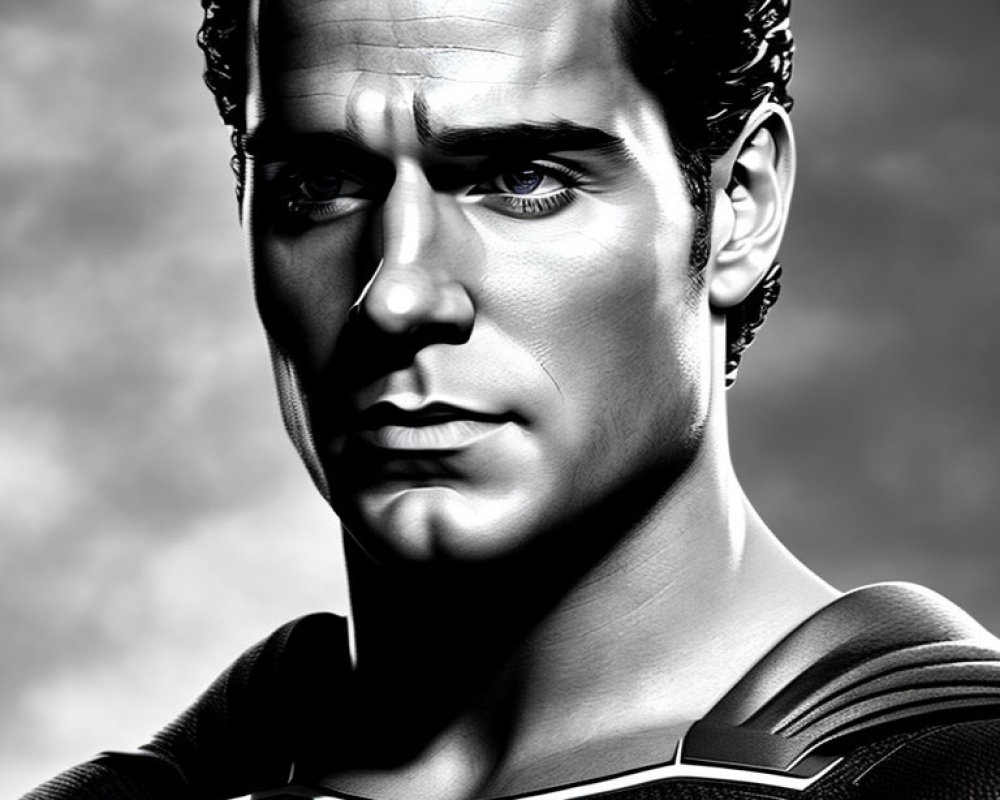 Grayscale portrait of male superhero with emblem on chest