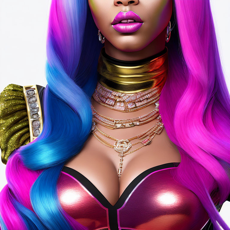 Vibrant digital portrait of a woman with blue and pink hair and metallic outfit
