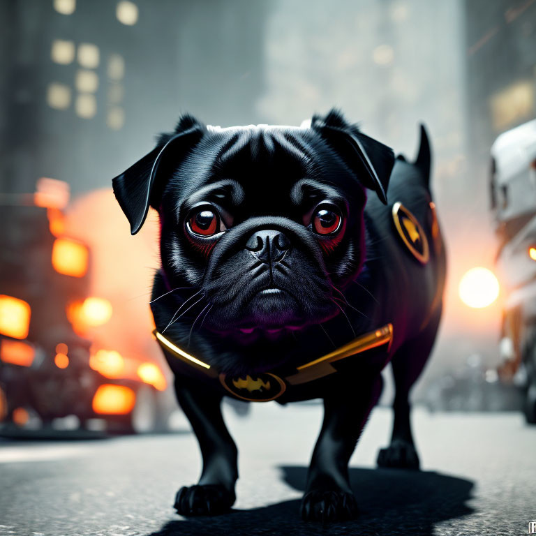 Black pug with Batman collar in urban street scene