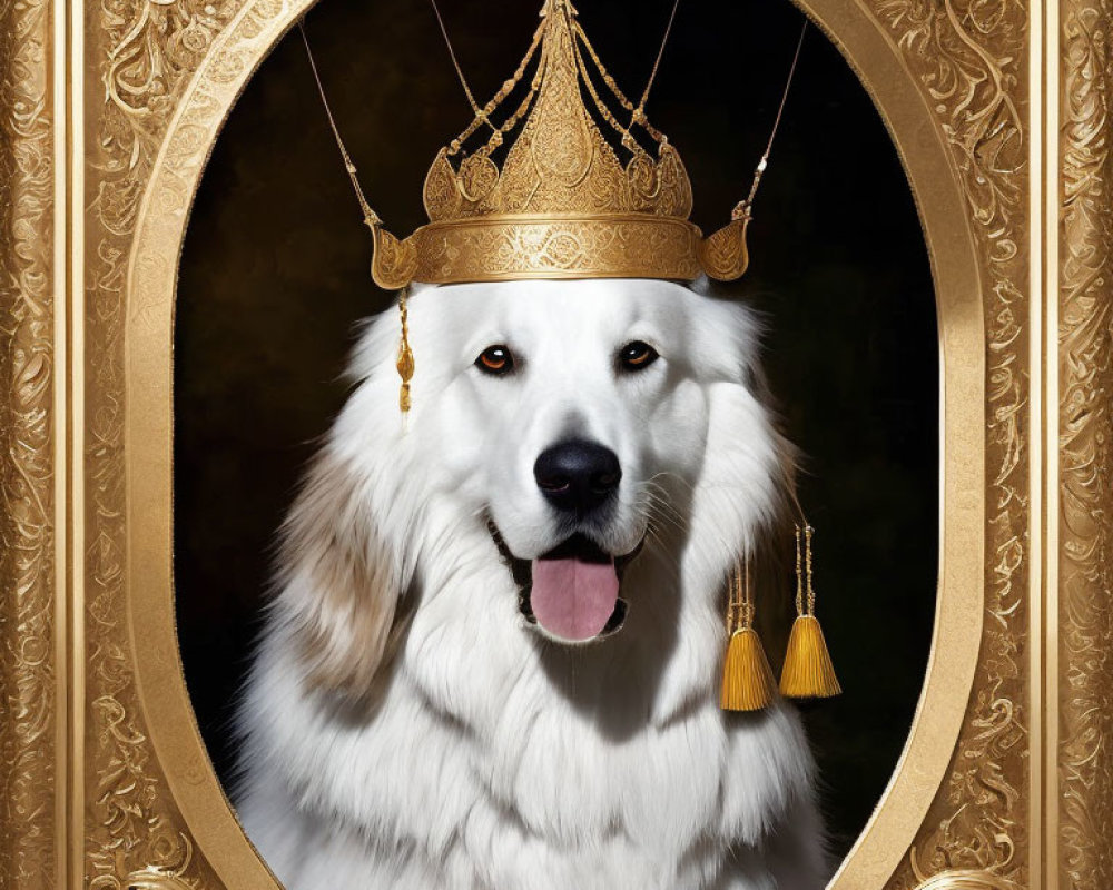 White Fluffy Dog Wearing Crown in Golden Frame