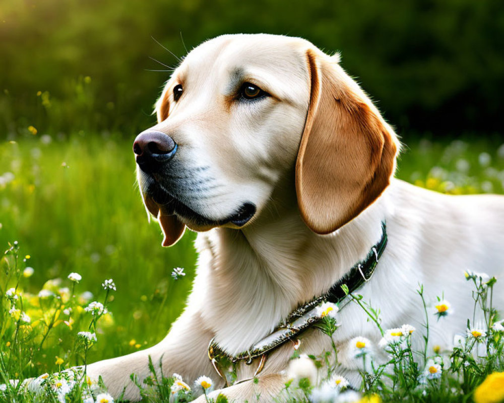 Labrador Retriever in sunny meadow with daisies and gentle expression