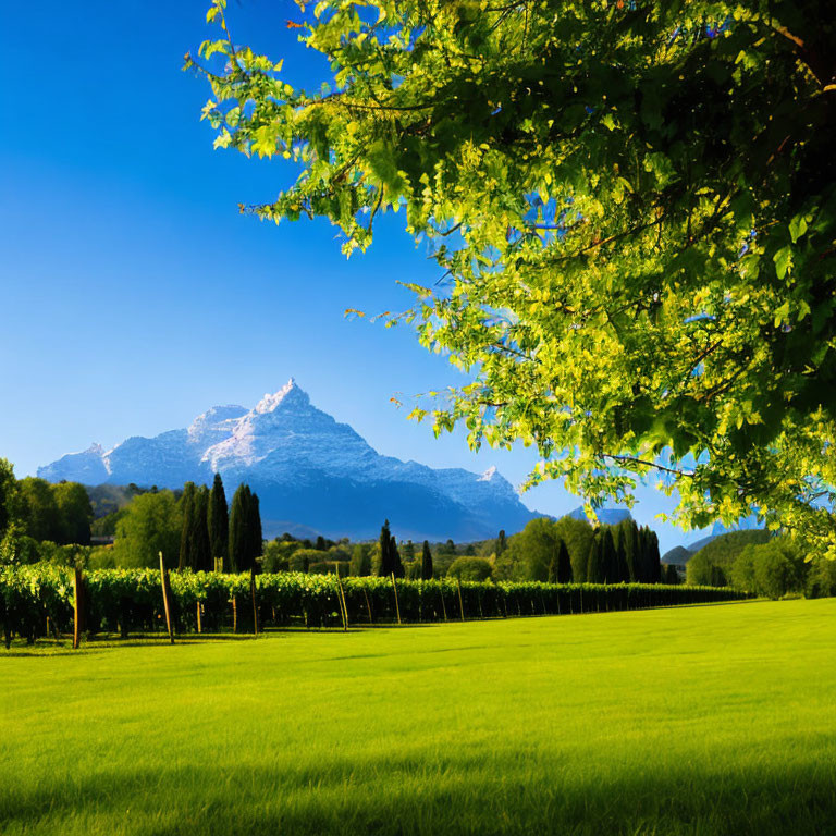 Scenic vineyard in lush green field under clear blue sky