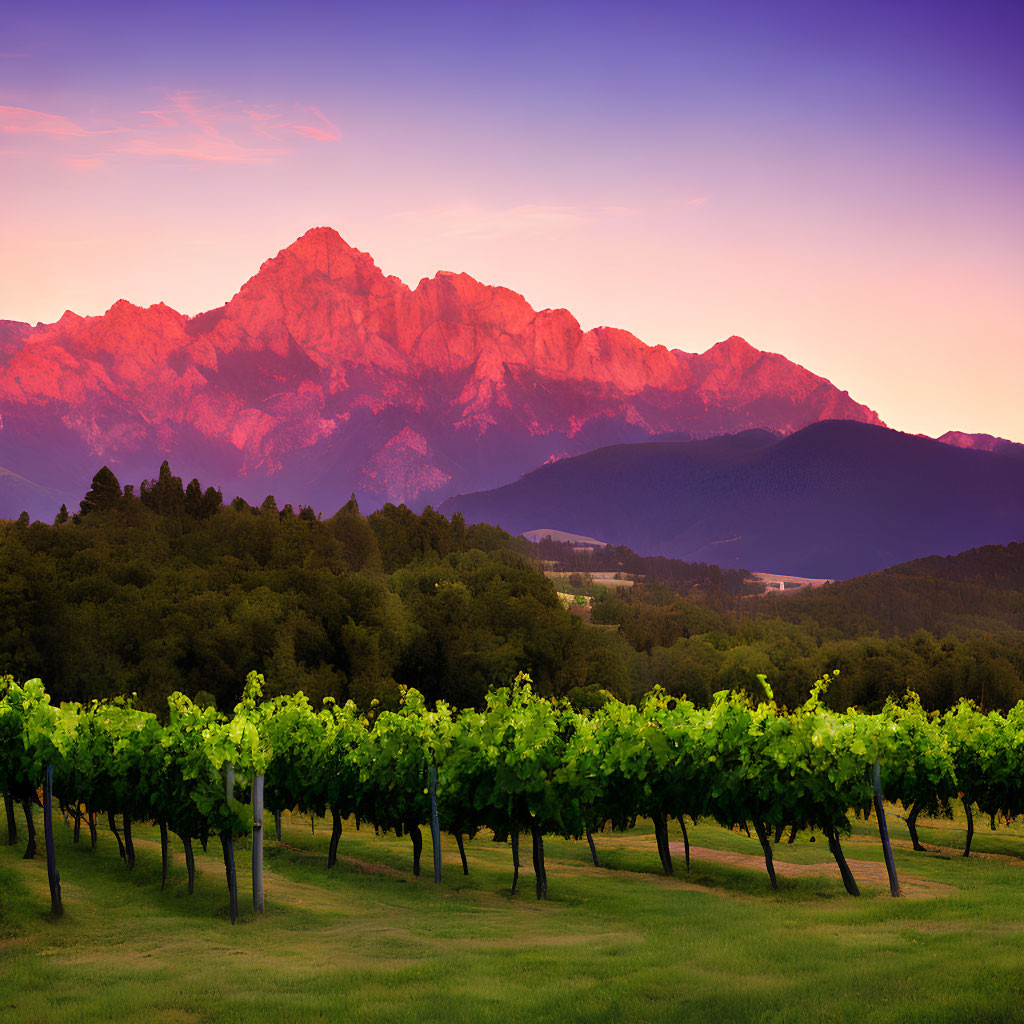 Vineyard rows under pink sunset sky with majestic mountain