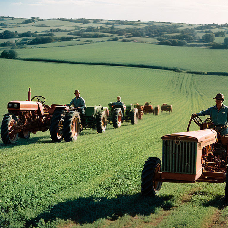 Vintage tractors plowing field with drivers in rolling green hills