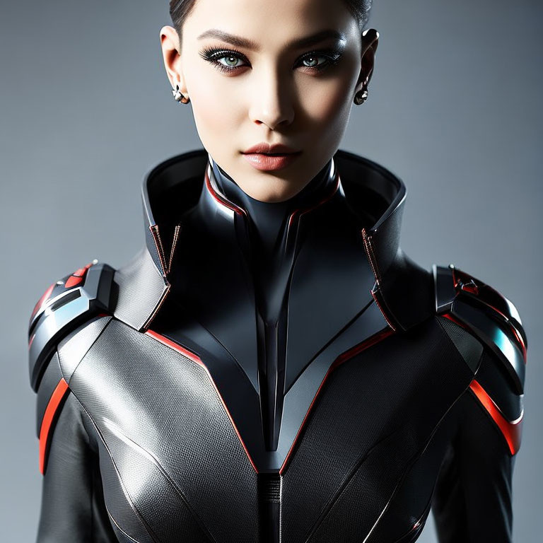 Bold Makeup Woman in Futuristic Black and Red Armor Suit