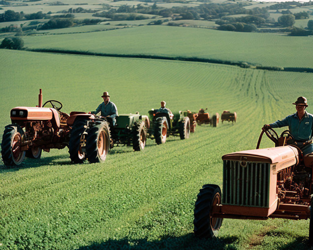 Vintage tractors plowing field with drivers in rolling green hills