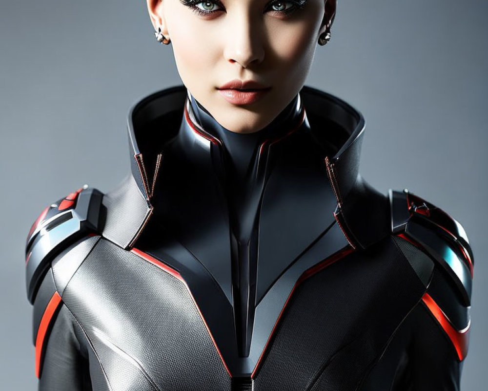 Bold Makeup Woman in Futuristic Black and Red Armor Suit