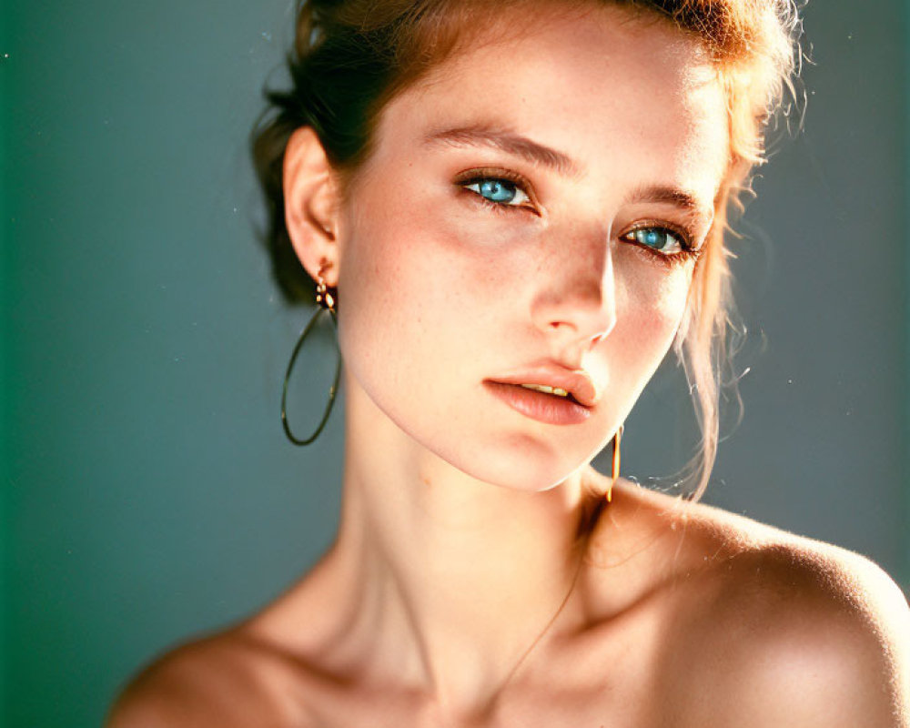 Young woman with blue eyes and hoop earring in portrait against teal backdrop