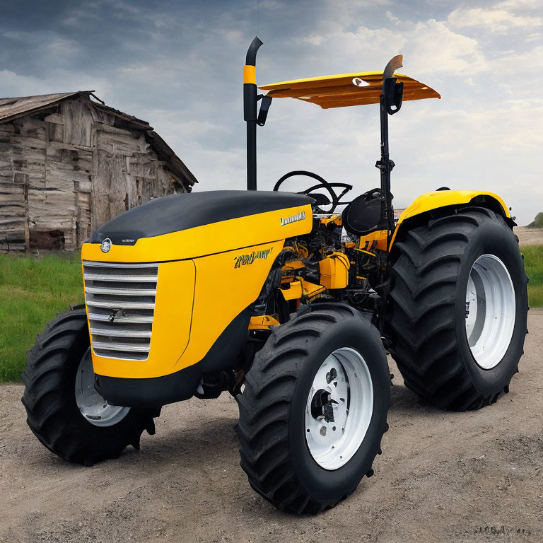 Yellow and Gray Tractor by Old Wooden Barn on Gravel Road