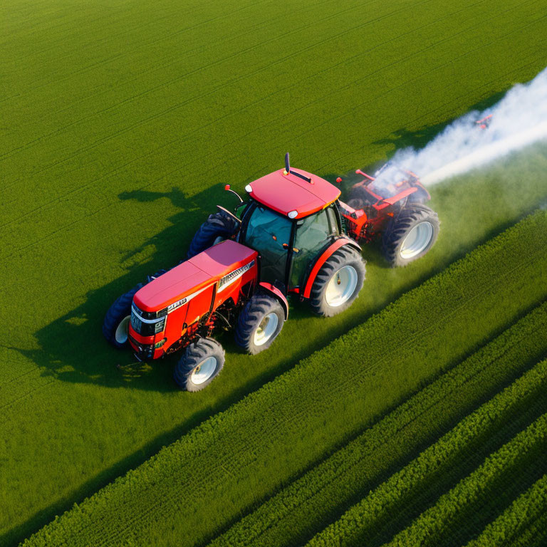 Aerial view of red tractor spraying crops in green field