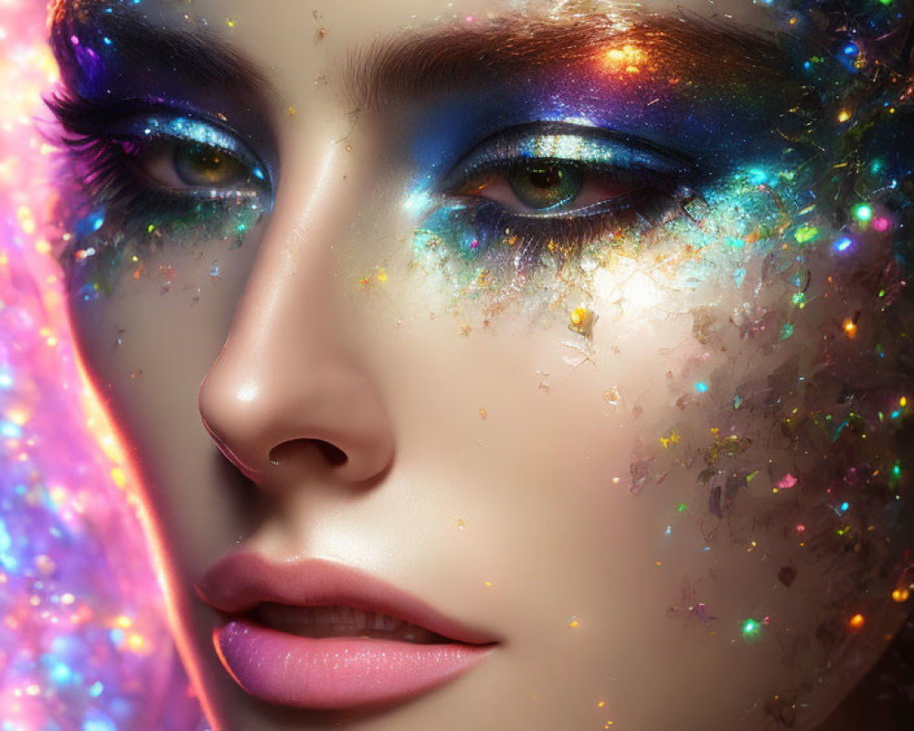 Galaxy-themed makeup with vibrant blues and glitter on a woman.