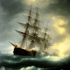 Majestic sailing ship in turbulent seas under dramatic cloudy sky