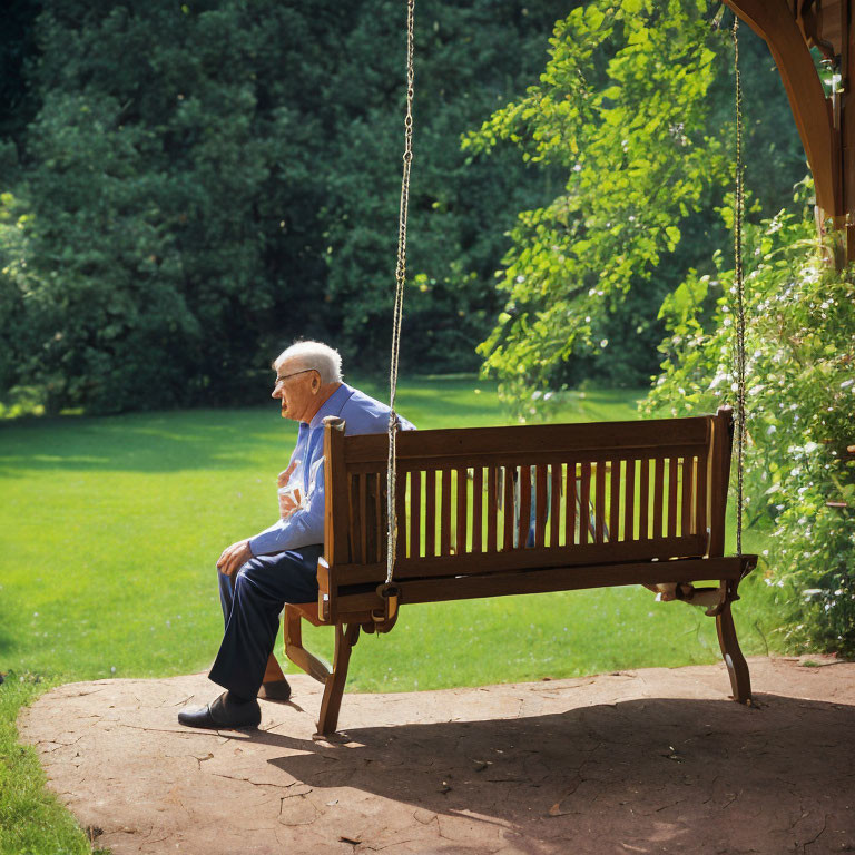 Elderly person sitting on wooden swing in peaceful park surrounded by greenery