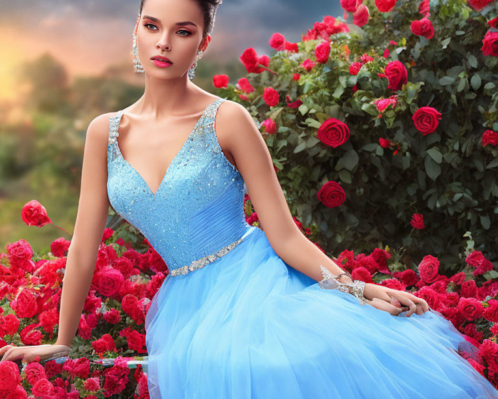 Woman in Sparkling Blue Dress with Gems Poses by Red Roses Bush