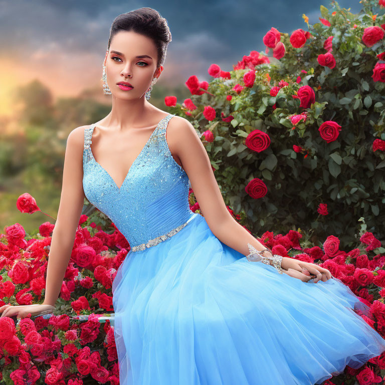 Woman in Sparkling Blue Dress with Gems Poses by Red Roses Bush