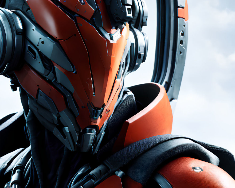 Futuristic red and grey armored suit with high-tech helmet close-up