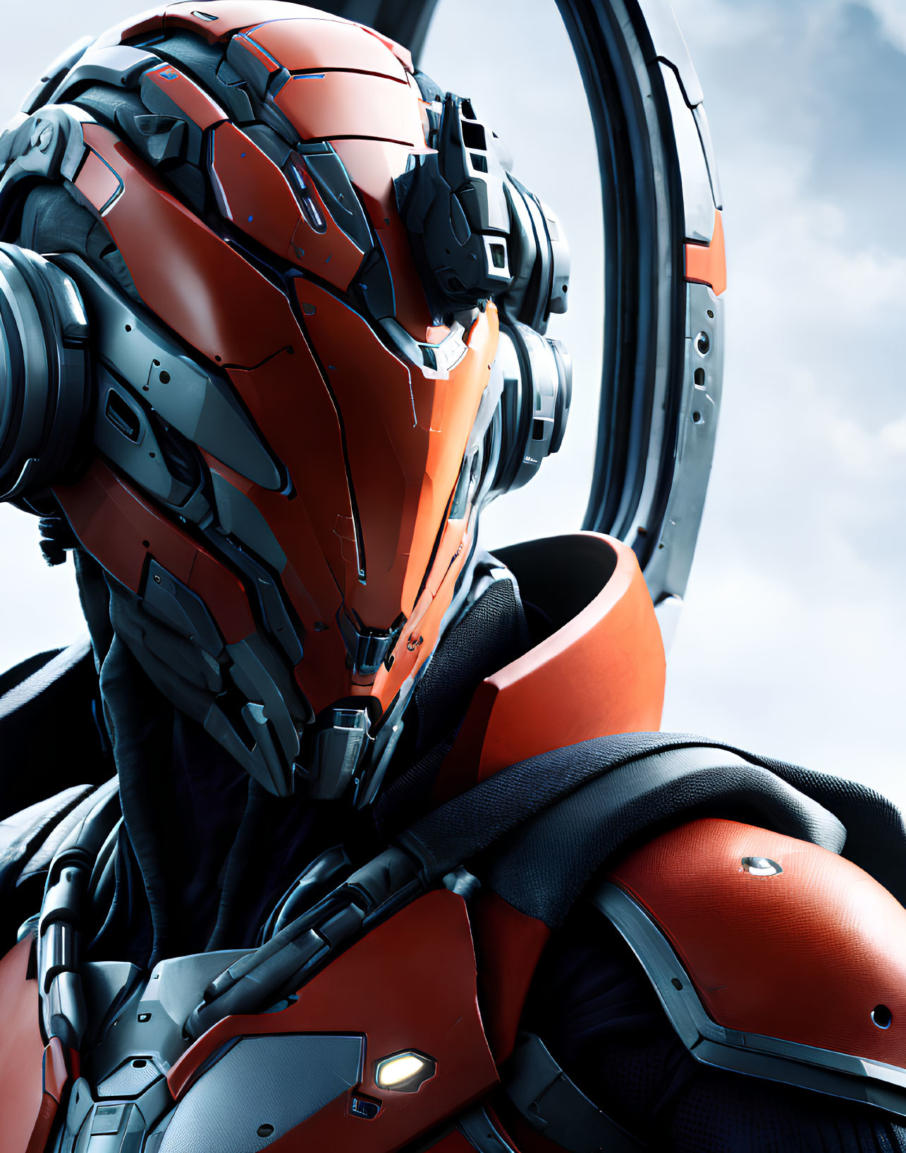 Futuristic red and grey armored suit with high-tech helmet close-up