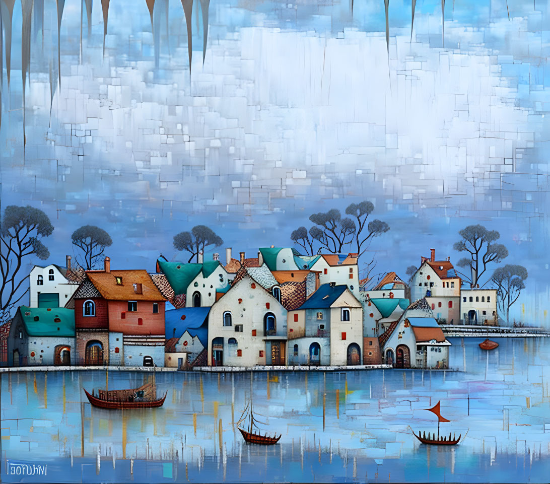 Colorful Rooftops and Boats in Serene Waterfront Village Painting