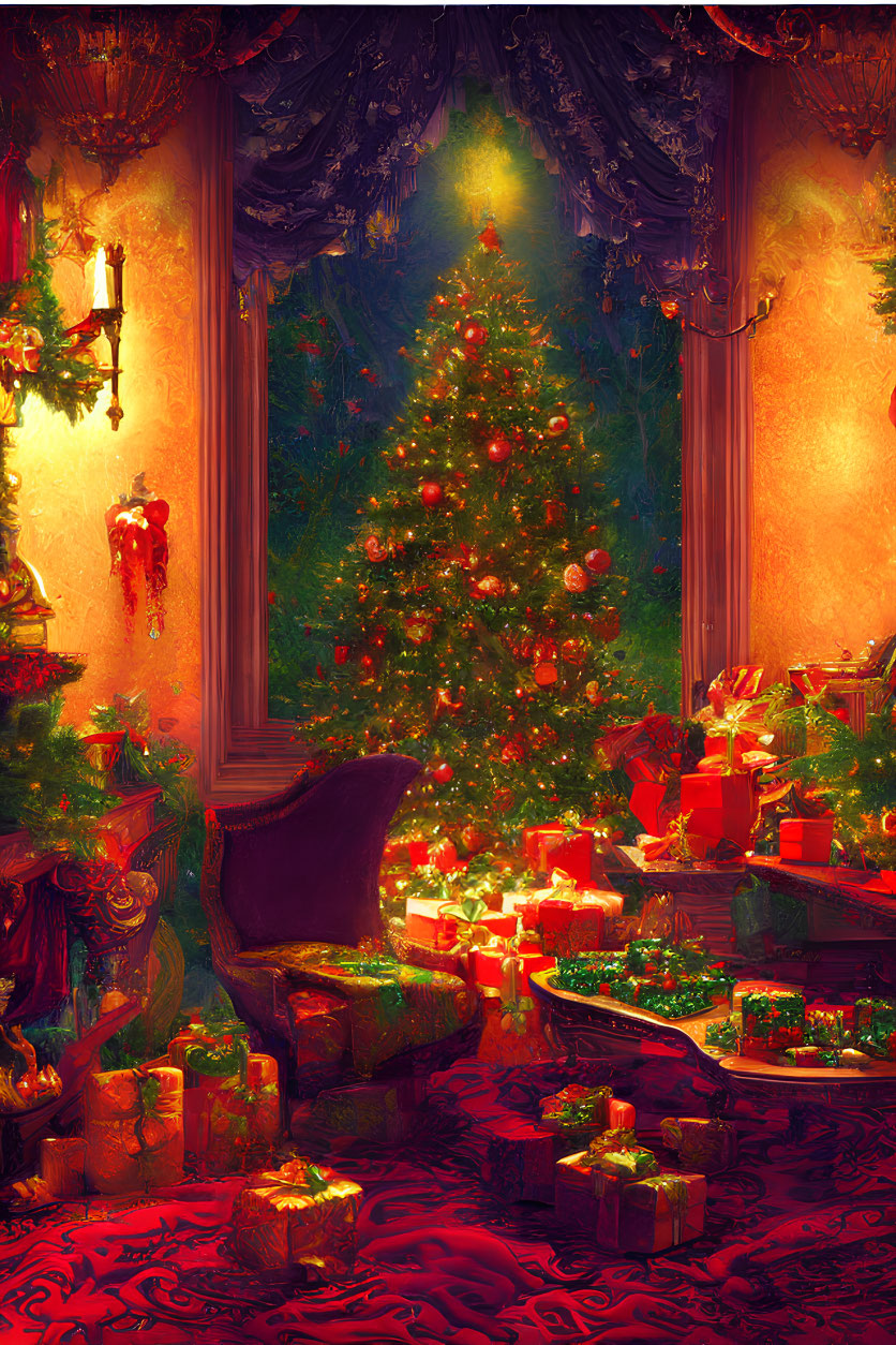 Festive Christmas room with decorated tree and gifts