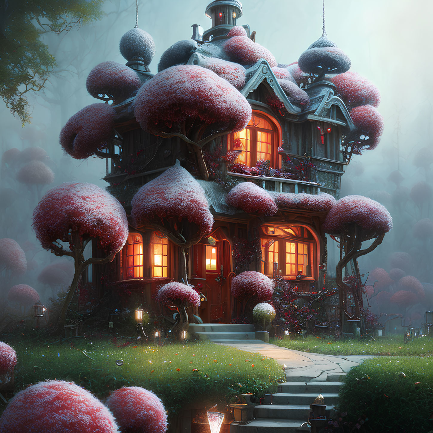 Fantasy two-story house among glowing mushrooms in misty forest