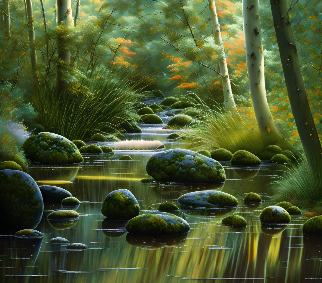 Tranquil stream with mossy rocks, greenery, and autumn trees.