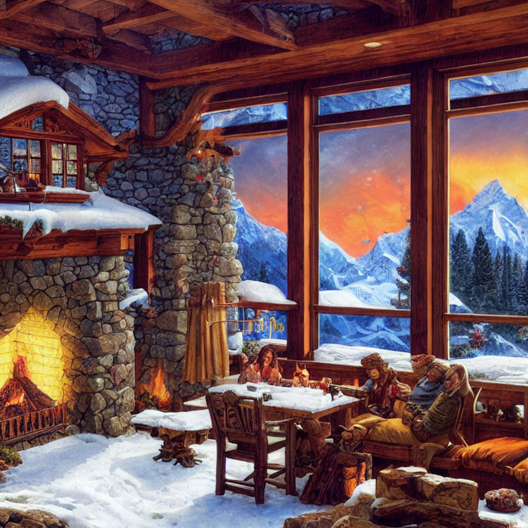 Snowy Mountain Sunset View from Cozy Cabin Interior