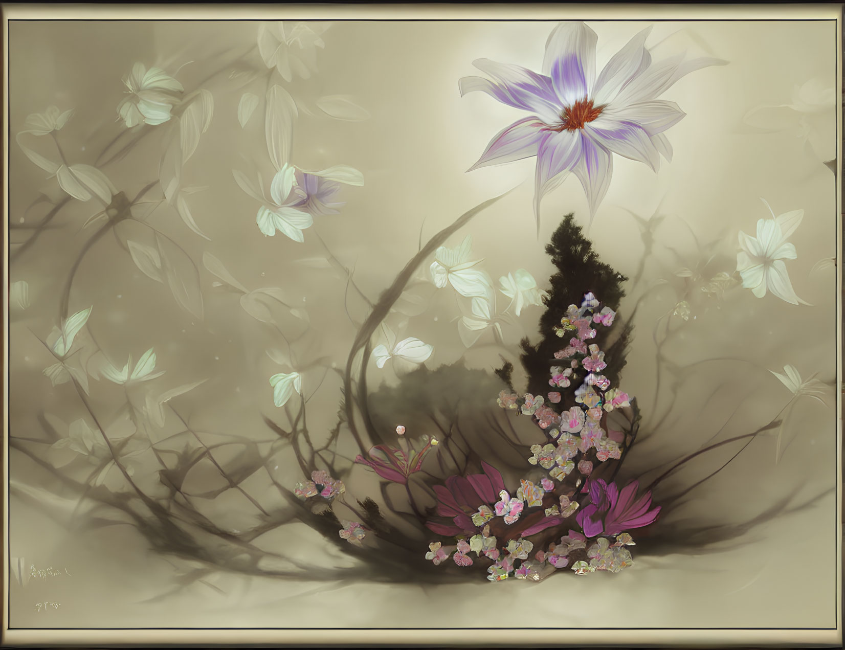 Sepia Toned Floral Artwork with Purple and White Bloom