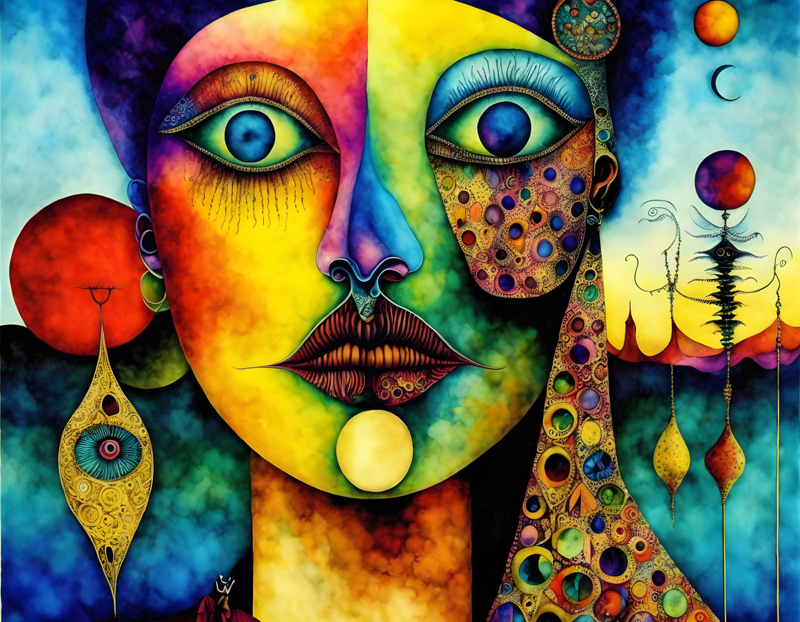 Colorful surreal face painting with mosaic patterns and expressive eyes