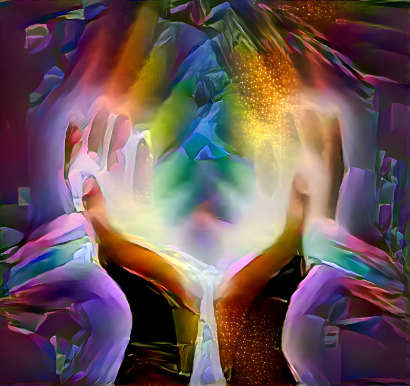Hands with rainbow energy