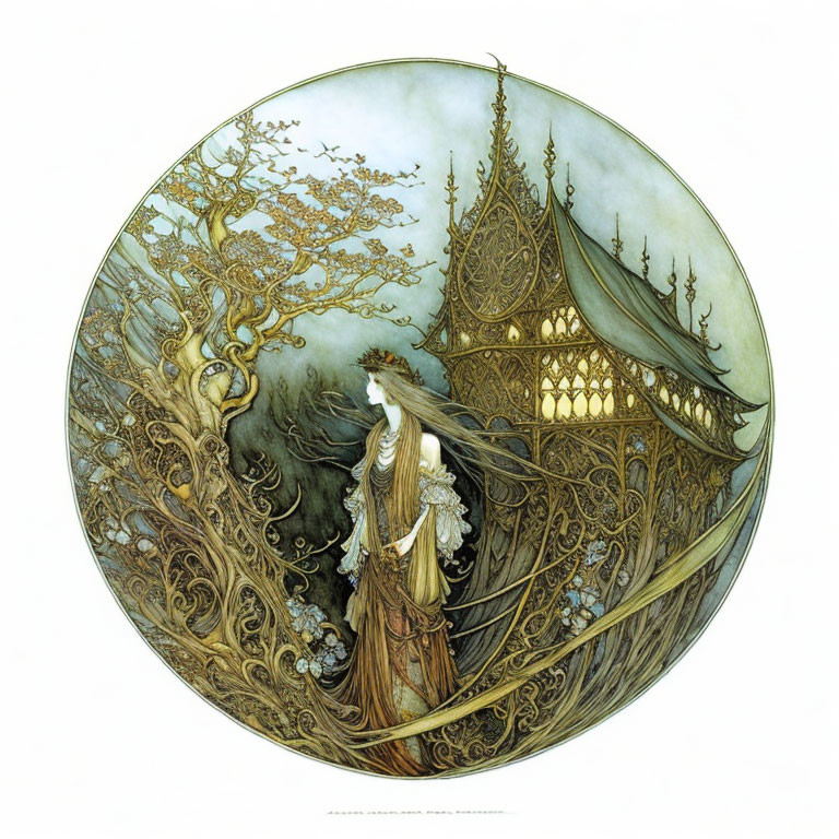 Woman in flowing dress by ornate lantern in fantasy setting