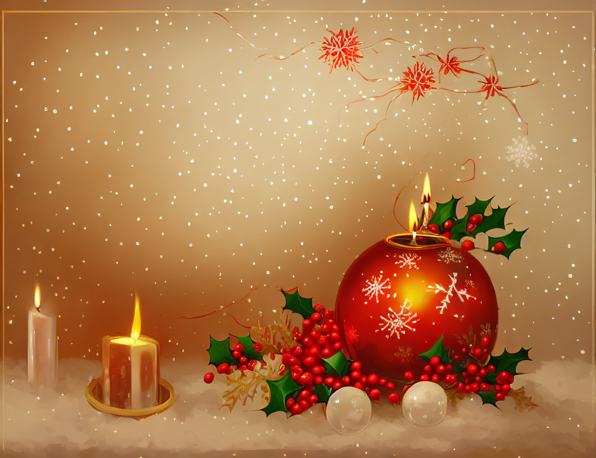 Festive holiday scene with red candle holder, lit candle, holly berries, leaves, and